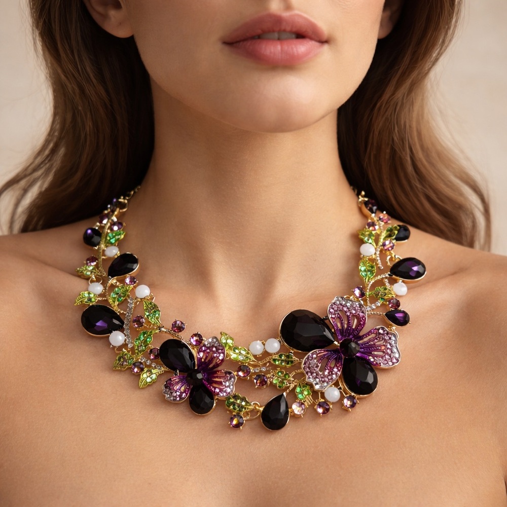 Floral Statement Necklace Gold Purple Crystal Garden Cottagecore Fairycore